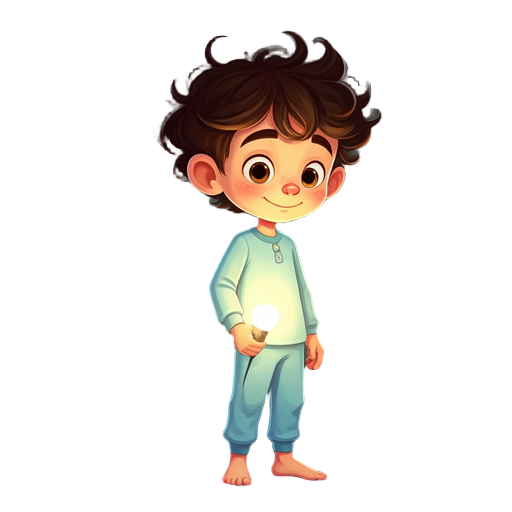 criança 10 anos de pijama segurando um canhão de luz