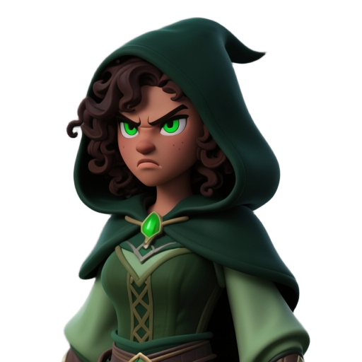 a stylized 3d character model of a young female fantasy mage/healer. she has medium-dark skin, intense green eyes, an angry focused expression, and curly dark brown hair visible under a dark green hood. she is wearing layered medieval fantasy clothing: a 
