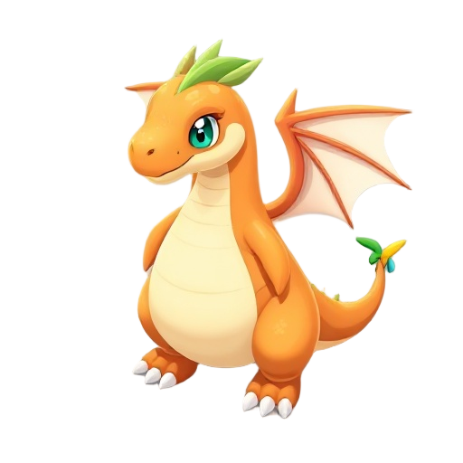 mega dragonite orange chubby dragon with cream belly, teal eyes, huge white feathery wings, small green fin on back, long curled tail with rainbow orb at tip, mix of cute and powerful.