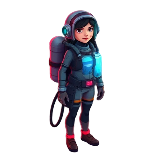 woman in vintage scuba suit with helmet tubes to back tank, glowing red and blue fluids inside, eerie glow, deep-sea setting, retro diving gear, bioluminescent ambience.