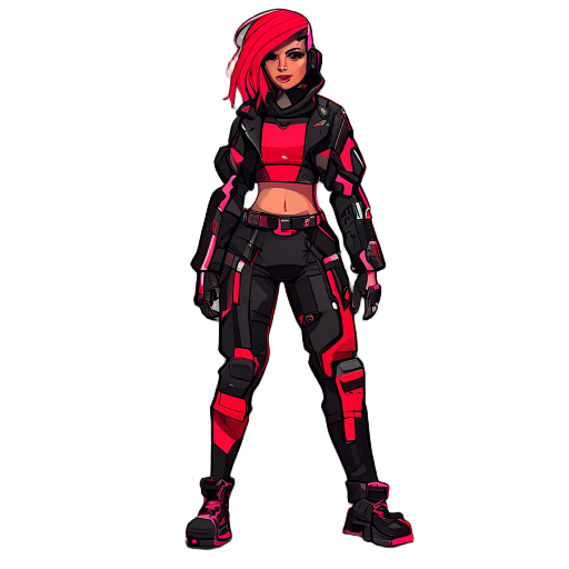 voce consegue criar uma personagem feminina com uma roupa com um macacão apertado frente unica com tons avermelhados e preto um vermelho forte, preciso que ela esteja em uma tematica cyberpunk