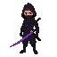 ninja, black outfit, black hood with red details, purple sword