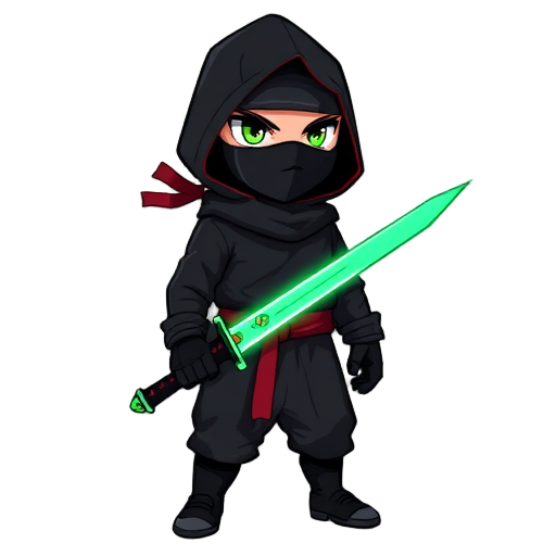ninja 16bit, black outfit, black hood with red details, stealth outfit, glowing eyes, emerald sword