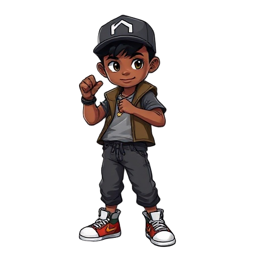 young black boy in fighting stance wearing urban clothing and hat