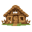 medieval  thatched cottage with eggs on the door and hammocks  designed for a retro-style farm simulation game.