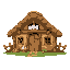 medieval  thatched cottage with eggs on the door and hammocks  designed for a retro-style farm simulation game.