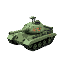 a green tank with three turrets, covered in graffiti