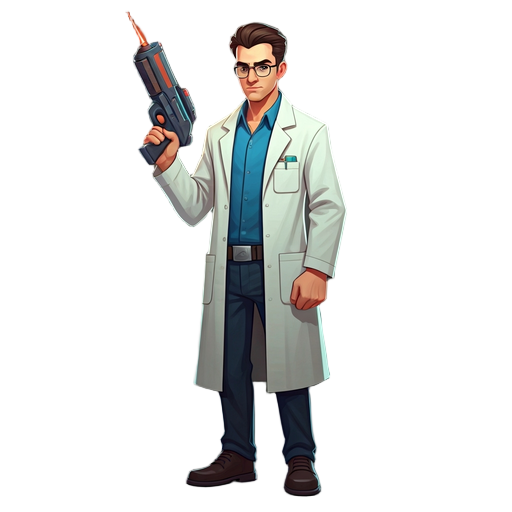 scientist in lab coat holding a laser gun