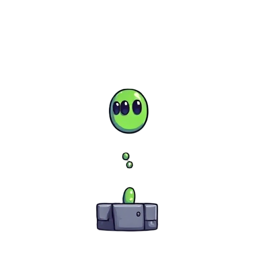 a pixelated slime jumping from a stationary position, reaching its maximum point, and falling back down and landing