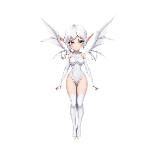 female elf with white hair in white bodysuit with white wings