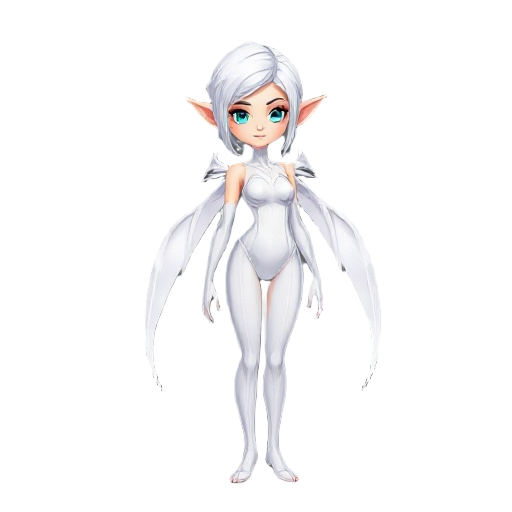 female elf with white hair in white bodysuit with white wings
