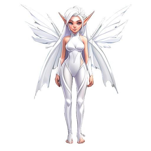 female elf with white hair in white bodysuit with white wings