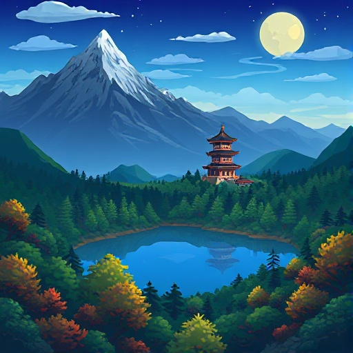 landscape woth a mountain range in background and foreground is a forest surrounding a lake and a chinese tower looming in the background.  image is to be used for a 2d side scrolling game and colors ideally for a night sunny day as indication of a start 