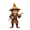 chinese warrior with bamboo hat and pole as a weapon invoking themes of the monkey king