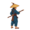 human chinese warrior with bamboo hat and pole as a weapon facing right like in a 2d-side scrolling game.  clothes should be in blue with hints of red in it