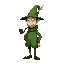 snufkin from the moomins tall and skinny, green outfit, with a smoking pipe and a feather in his cap