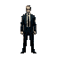 a detailed pixel art depiction of agent smith from the matrix, in a cyberpunk, dystopian style. he wears a sleek black suit, white shirt, black tie, and dark sunglasses. his expression is cold and men