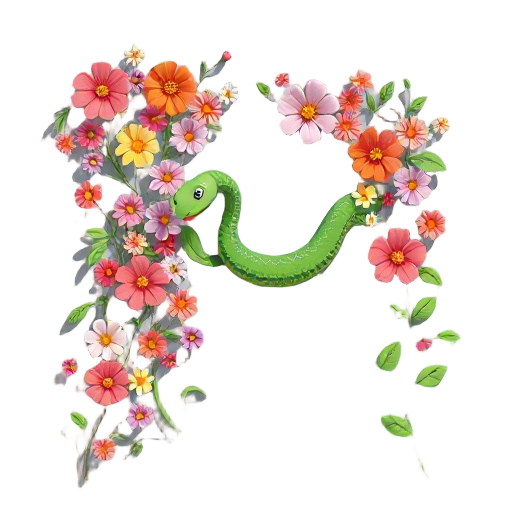 snake climbing on a wall full of flowers, shadows 