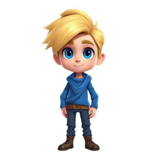 tall blonde guy with blue clothes and blue eyes