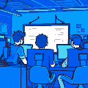 a group of developers all working on their computer, looking at a big whiteboard in the distance. blue color scheme
