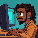 an arab skinned dev on his computer, looking focused, he has braids