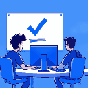 three developers working on their computer, looking at a big whiteboard in the distance with a blue check on it. blue color scheme