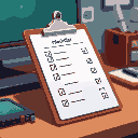 on a desk, a closeup of a clipboard with different sections of different colors and a checklist