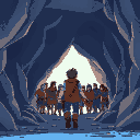 a person leading a group out of a cave. we can see clearly the person in the foreground and the group in the background. blue color scheme