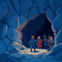 a person leading a group out of a cave. blue color scheme