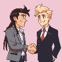 a dev with braids shaking hands with white blond guy in a suit. they look happy and confident.