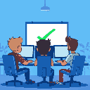 three developers working on their computer, looking at a big whiteboard in the distance with a green check on it. blue color scheme