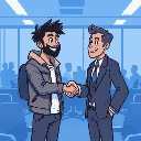 a chill urban guy, shaking hands with a guy in a suit. in a meeting room. they look happy and confident. blue color scheme.