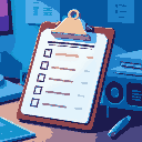 on a desk, a closeup of a clipboard with different sections of different colors and a checklist. blue color scheme