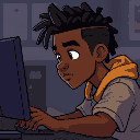 a mixed race dev on his computer, looking focused, he has braids. not too black on the skin please