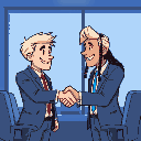 a dev with braids shaking hands with white blond guy in a suit. in a meeting room. they look happy and confident. blue color scheme.
