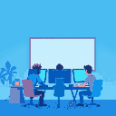 three developers working on their computer, looking at a big whiteboard in the distance. blue color scheme