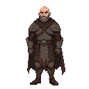 a tall, broad shouldered man in dull armour with a cloak. he is bald and handsome with a scar over one eye