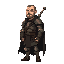 a tall, broad shouldered man in dull armour with a black cloak. he is bald and handsome with stubble with a scar over one eye. he has a sword on his back