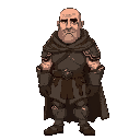 a tall, broad shouldered man in dull armour with a cloak. he is bald and handsome with a scar over one eye
