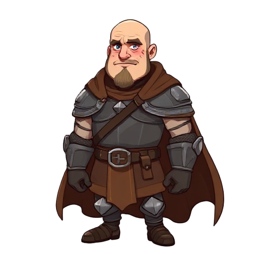 a tall, broad shouldered man in dull armour with a cloak. he is bald and handsome with a scar over one eye