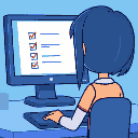 a girl in front of her computer, on the screen a checklist with a few checked items, color palette is blue