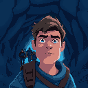 a person leading a group out of a cave. we can see clearly the person in the foreground, and his face, and the group in the background walking behind him. blue color scheme