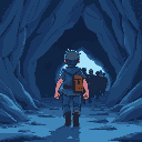 a person leading a group out of a cave. we can see clearly the person in the foreground, facing the camera and the group in the background walking behind him. blue color scheme