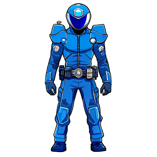 create a spacial police, japanese metal hero series like, tokusatsu, show half face, blue color predominant