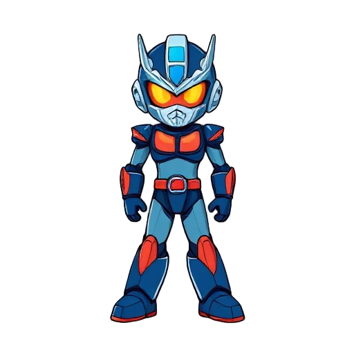 create a spacial police, megaman like, japanese metal hero series like, tokusatsu, show half face, blue color predominant