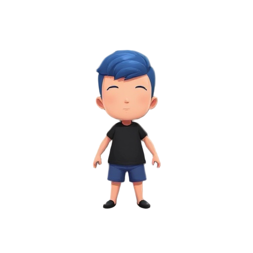 um personagem chibi, neutro, sem rosto, sem cabelo e com uma blusa branca básica e um short curto azul