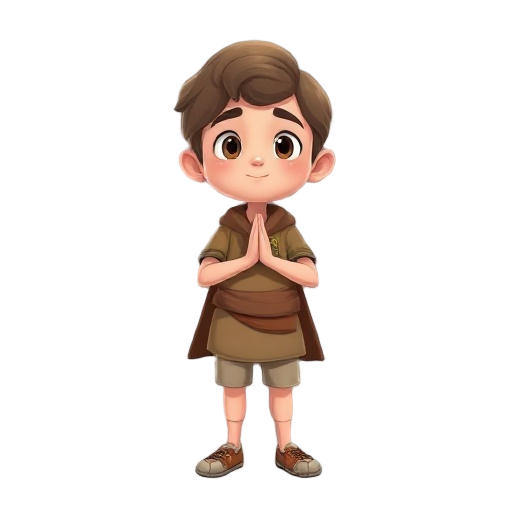 crie um personagem cristão animado, em posição de oração, com os braços cruzados no peito, expressão serena e roupas simples, transmitindo fé e devoção.