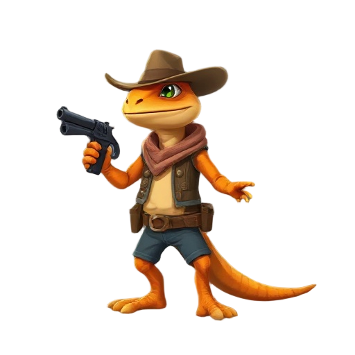make a lizard orange with clothes like a cowboy with a gun 