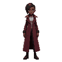 an african woman wearing a futuristic burgundy trenchcoat, side part hairstyle