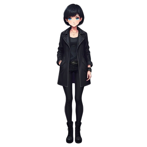 young woman dressed with flat black leather coat, short black hair, blue eyes, flat black jeans, black boots, white skin, attractive, atlethic body, cyberpunk woman, digital painting style full body, front view